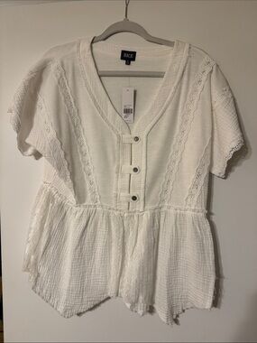 NWT BKE Cream Lace-Trim Peplum Button Front Top